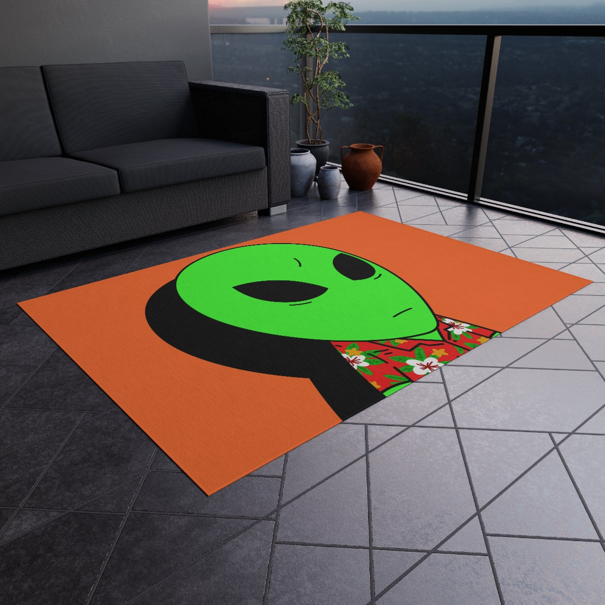 Hawaiian Shirt Green Alien Visitor Shadow Outdoor Rug