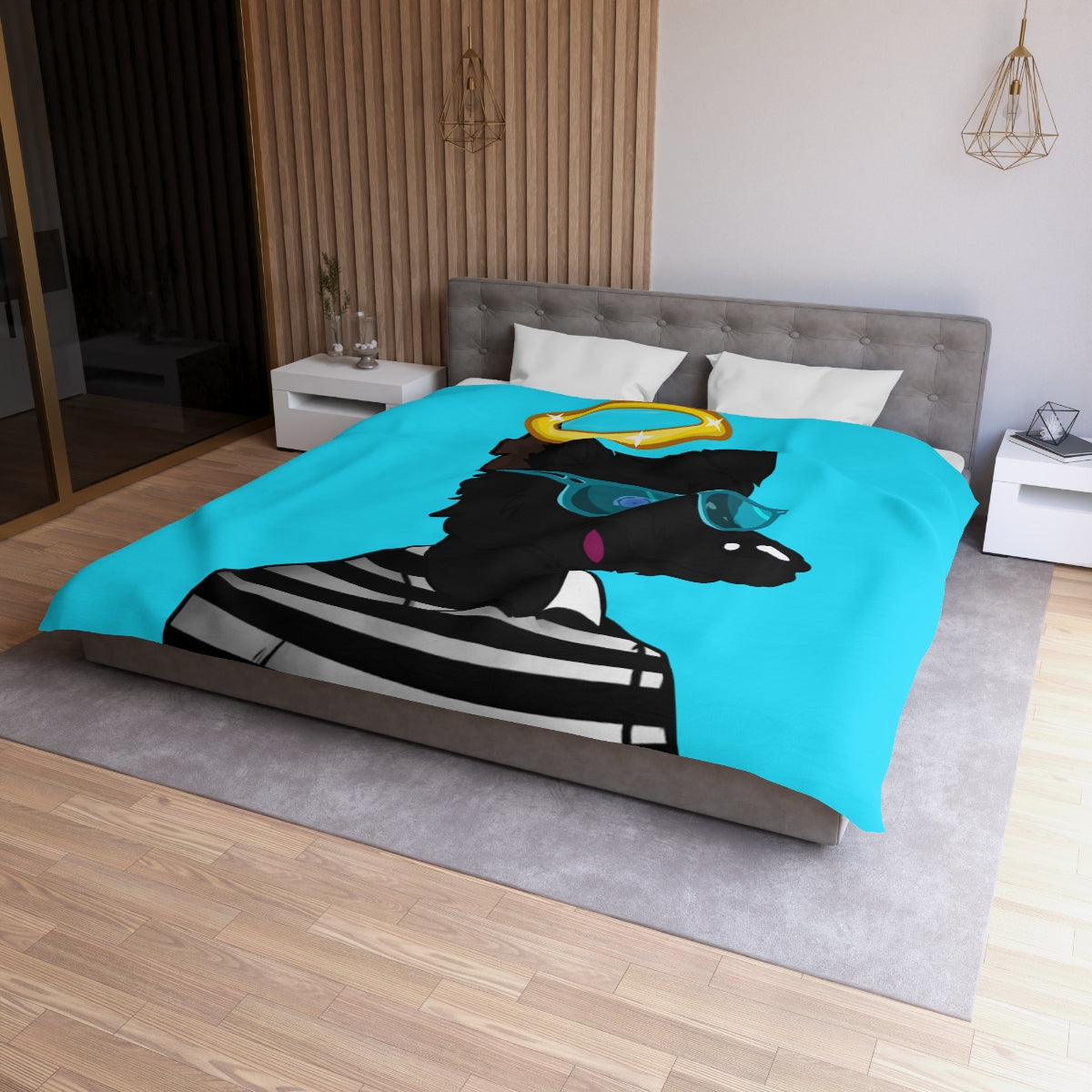 Cyborg Wolve Angel Halo Striped Shirt Glasses Wolf Microfiber Duvet Cover