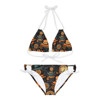 Steampunk Aesthetic: Gears, Top Hats & Vintage Clocks Design Strappy Bikini Set (AOP)