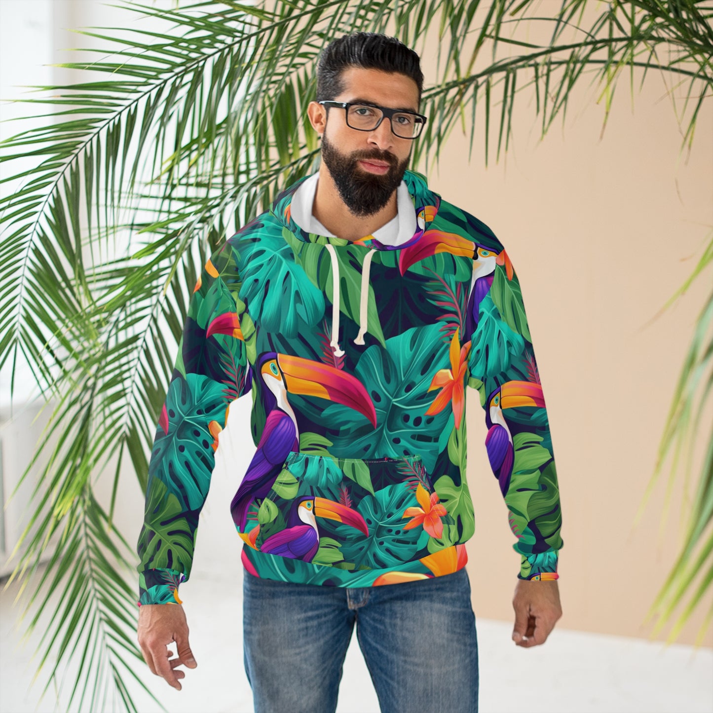 Vivid Tropical Birds &amp; Leaves - Sudadera con capucha unisex con estampado sin costuras (AOP) 