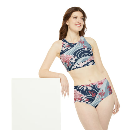 Japanese Minimalist Waves & Cherry Blossoms Pattern Sporty Bikini Set (AOP)