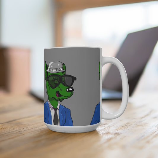 Taza de dibujos animados de traje de negocios de hombre lobo, 15 oz