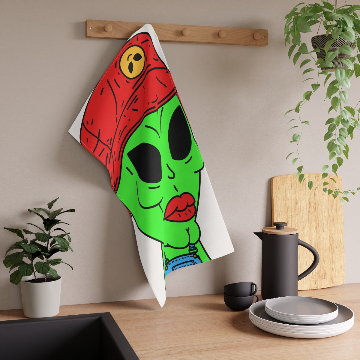 Old Green Alien Strong Chin Red Visi Hat Farmer Trouser Visitor Kitchen Towel