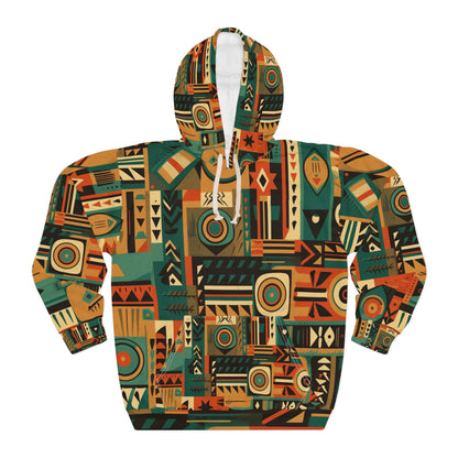 Sudadera con capucha unisex con diseño de patrón geométrico de inspiración tribal en tonos terrosos (AOP)