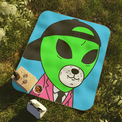 White Bear Dog Face Pink Suit Green Alien Visitor Black Cap Picnic Blanket