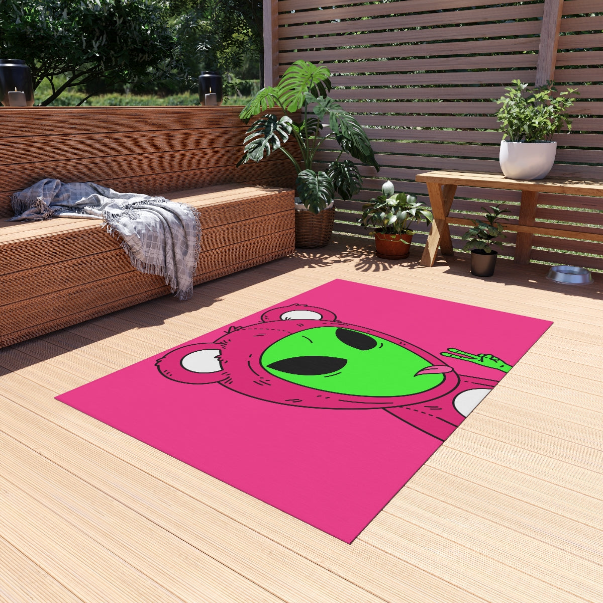 Pink Bear Green Peace Hand Tongue Visitor Alien Outdoor Rug