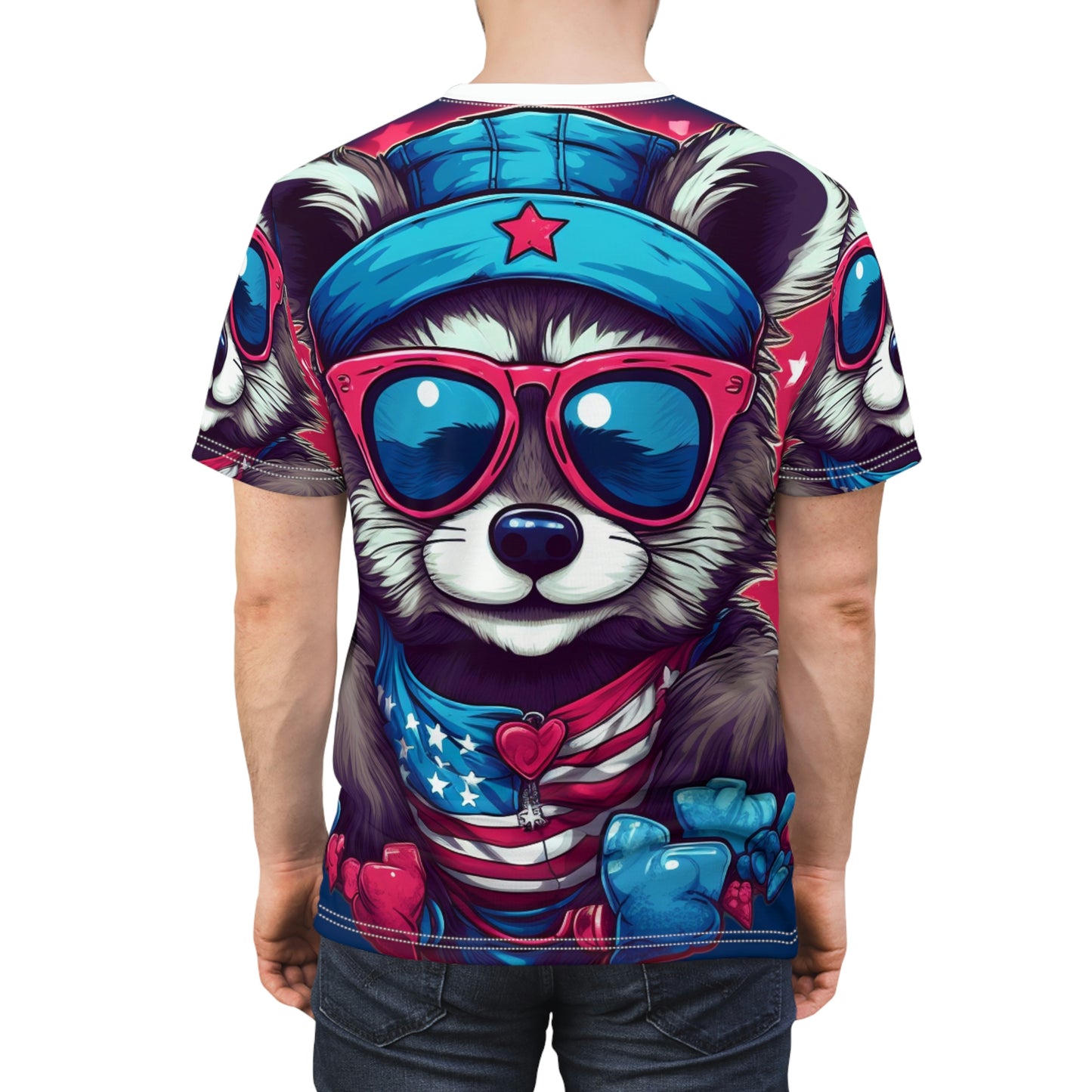 Cute Furry Raccoon Animal USA Flag Style Unisex Cut & Sew Tee (AOP)