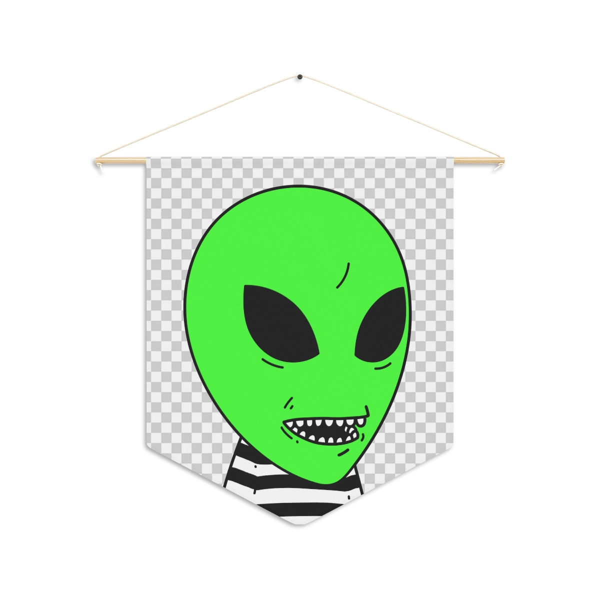 Green Alien Sharp Teeth Mouth Striped Black White Shirt Visitor Pennant