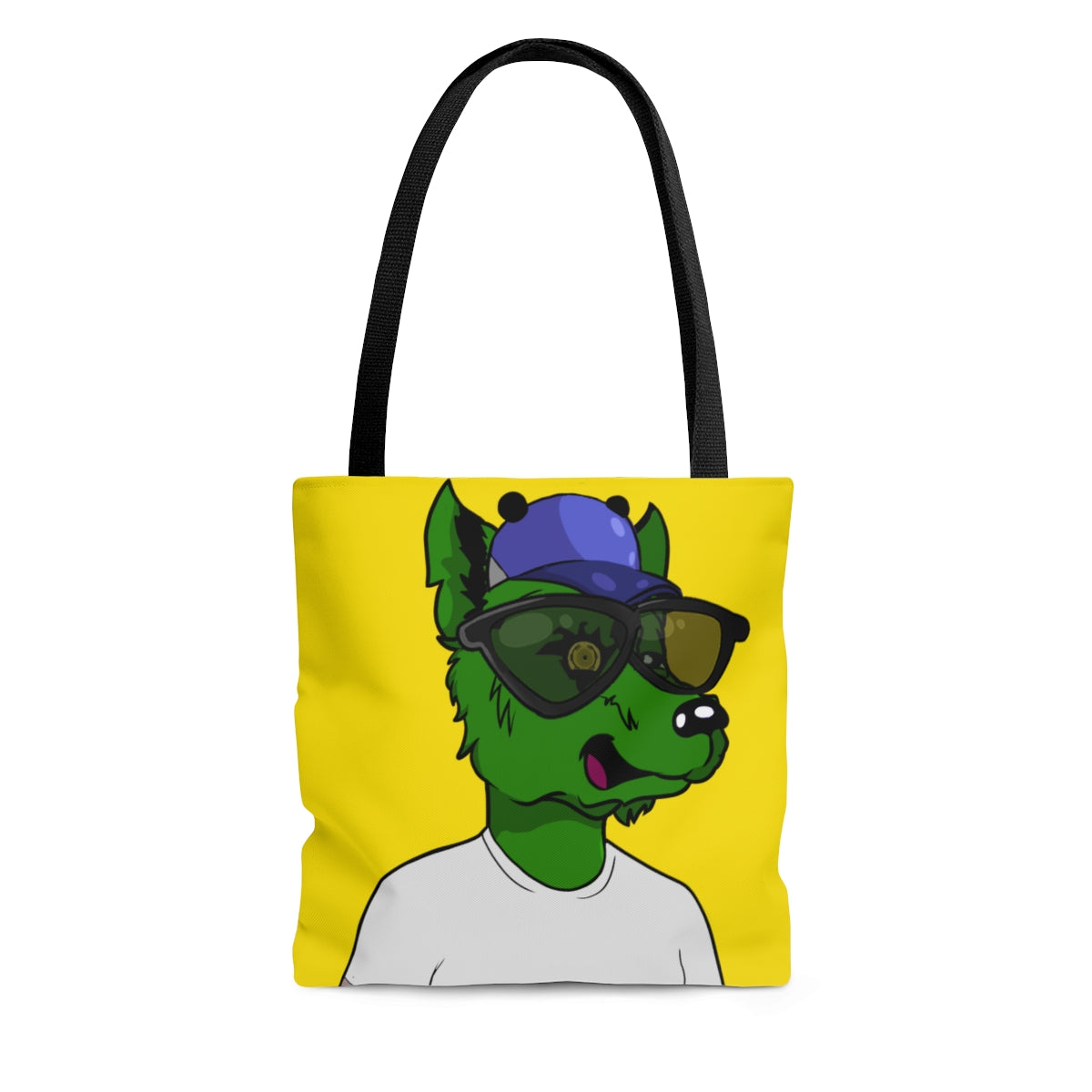 Cyborg Wolve Large Black Sunglasses Green Wolf Fur White T Shirt AOP Tote Bag