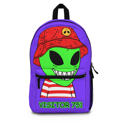 Personaje Alien Dibujos Animados Sombrero Rojo Camisa Rayas Gran Sonrisa Mochila 