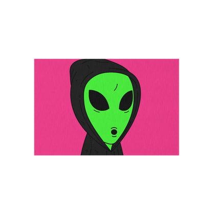 The Visitor Green Alien Black Hoodie Pink Background Outdoor Rug