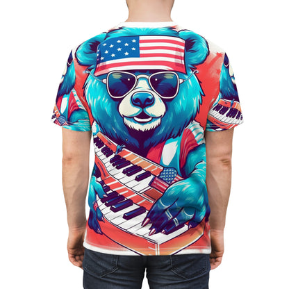 Keys of Patriotism: Piano Player Patriotic Bear's 4th of July Musical Celebration Unisex Cut & Sew Tee (AOP)