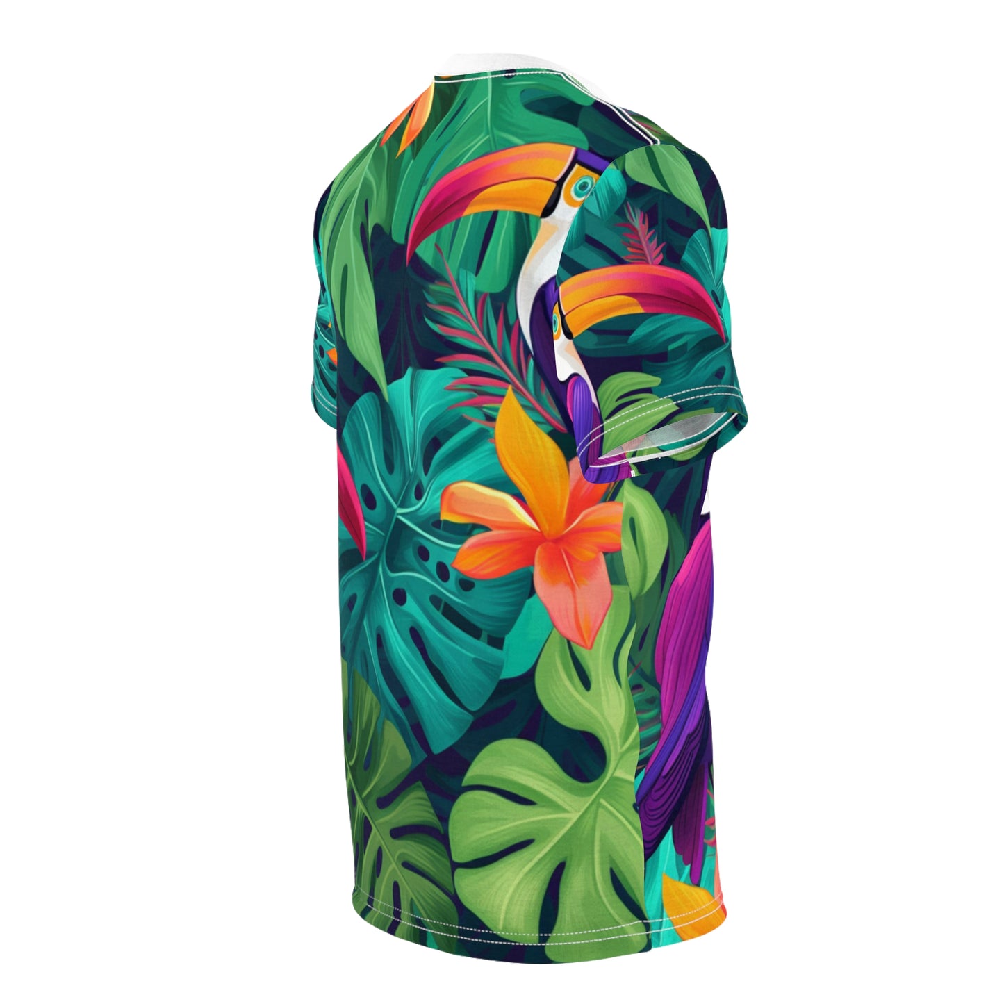 Vivid Tropical Birds & Leaves - Seamless Pattern Unisex Cut & Sew Tee (AOP)