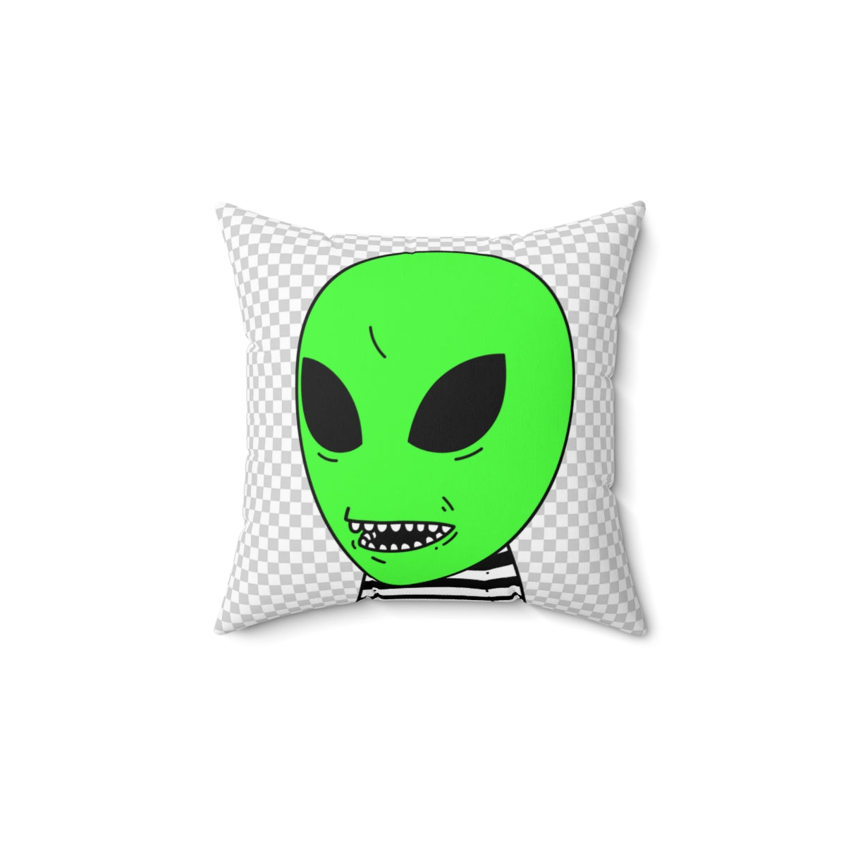 Green Alien Sharp Teeth Mouth Striped Black White Shirt Visitor Spun Polyester Square Pillow