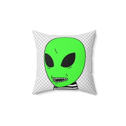 Green Alien Sharp Teeth Mouth Striped Black White Shirt Visitor Spun Polyester Square Pillow