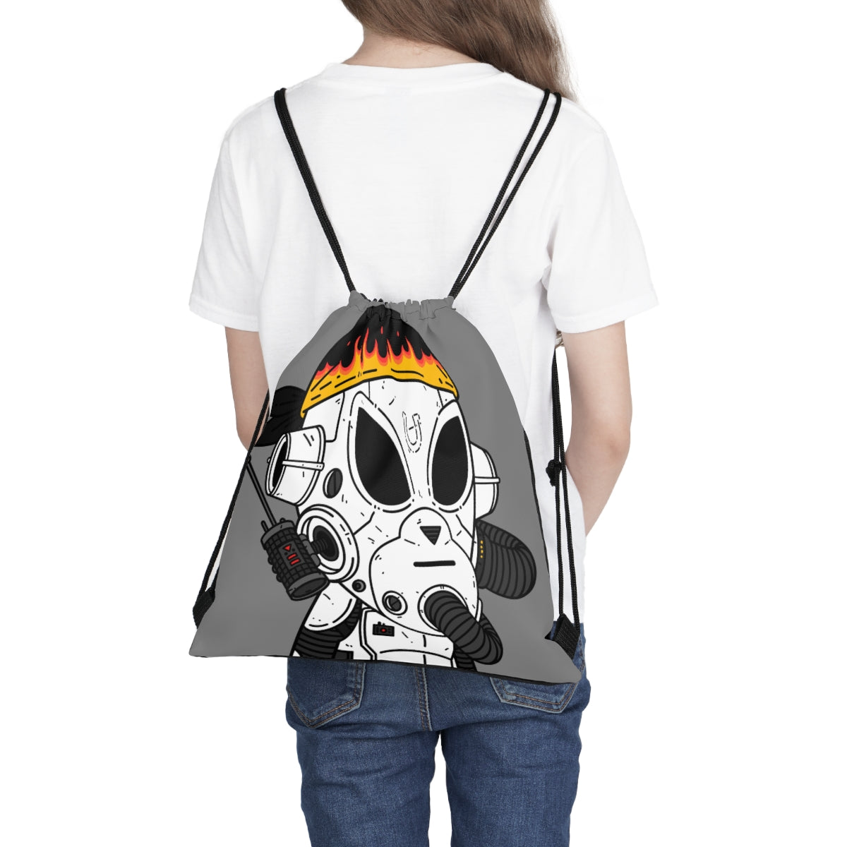 Burb Fire Bandana Horse Shoe Armored White Future Alien Cyborg Machine Visitor Outdoor Drawstring Bag