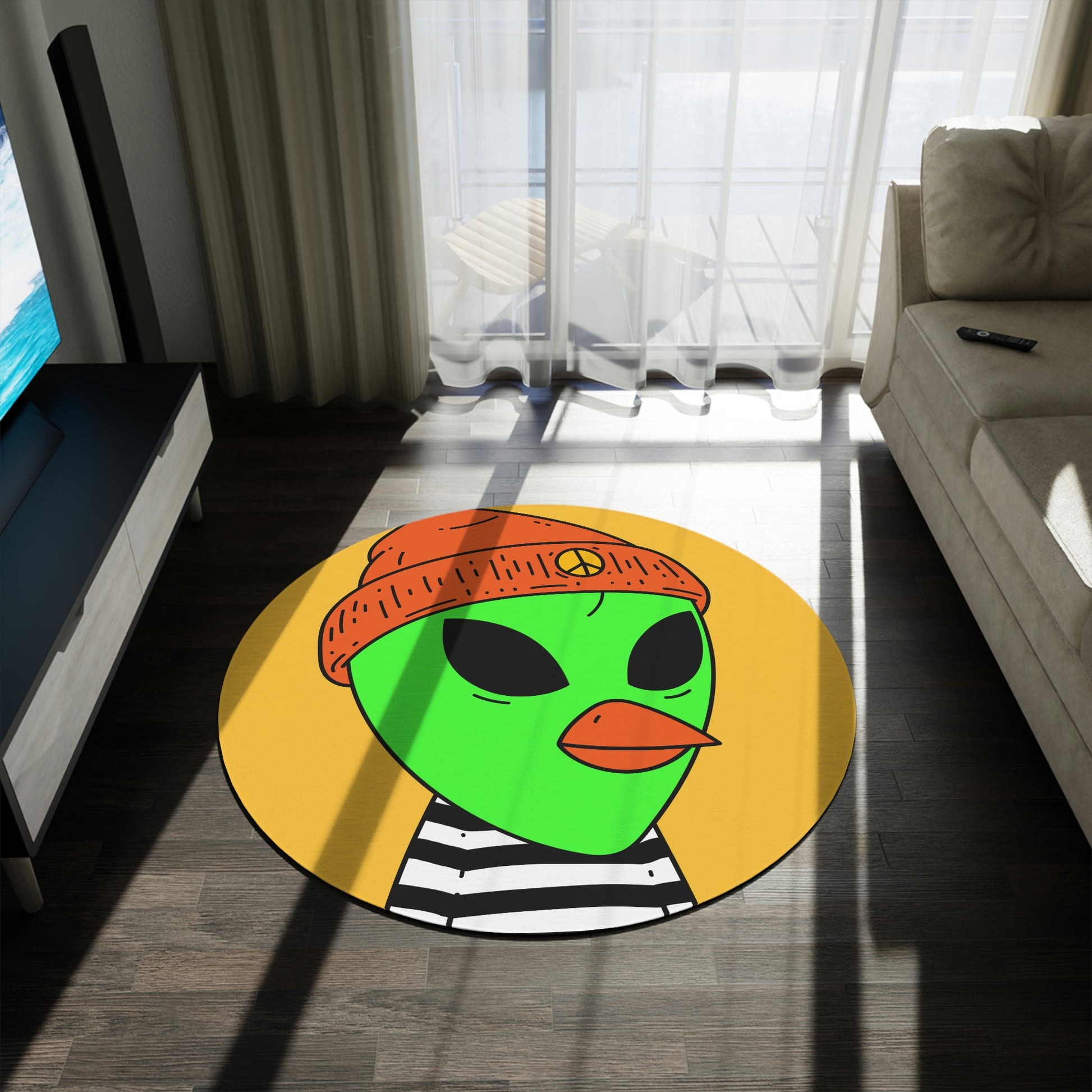 Burb Beak Green Alien Orange Peace Hat Black White Striped Shirt Round Rug - Visitor751