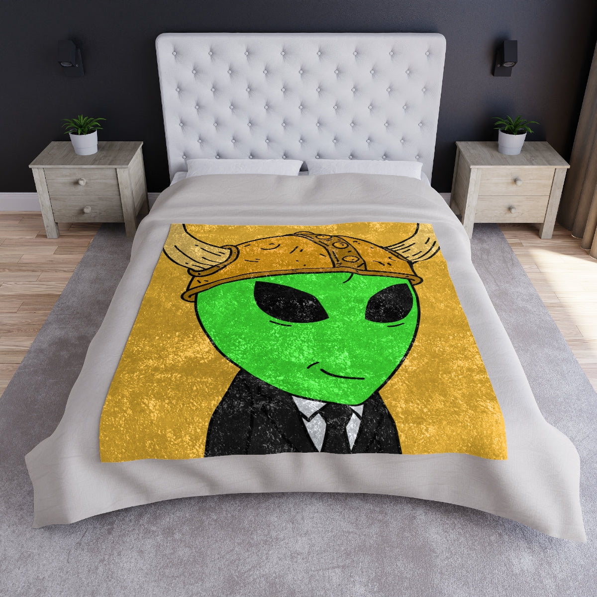 Green Smirk Face Alien Viking Helmet Black Business Suit Visitor Crushed Velvet Blanket - Visitor751