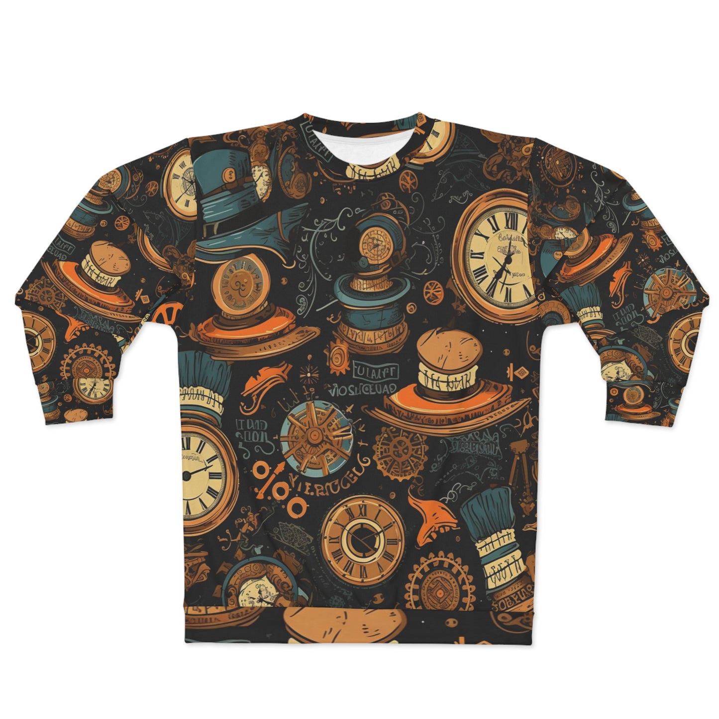 Estética Steampunk: sudadera unisex con diseño de engranajes, sombreros de copa y relojes vintage (AOP) 