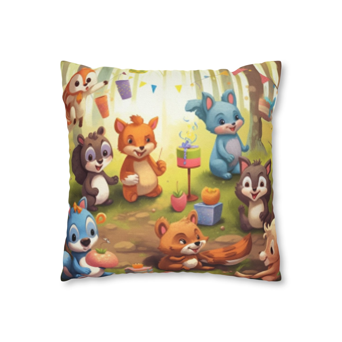 Nursery Art - Cartoon Forest Animals Party Design Spun Polyester Square Pillow Case