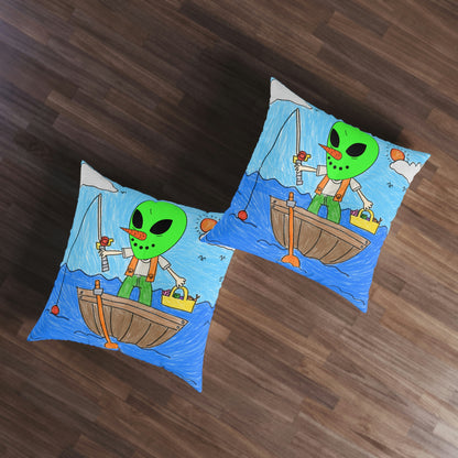 Sea Fish Hunter Veggie Visi Vegetable Visitor Alien Tufted Floor Pillow, Square