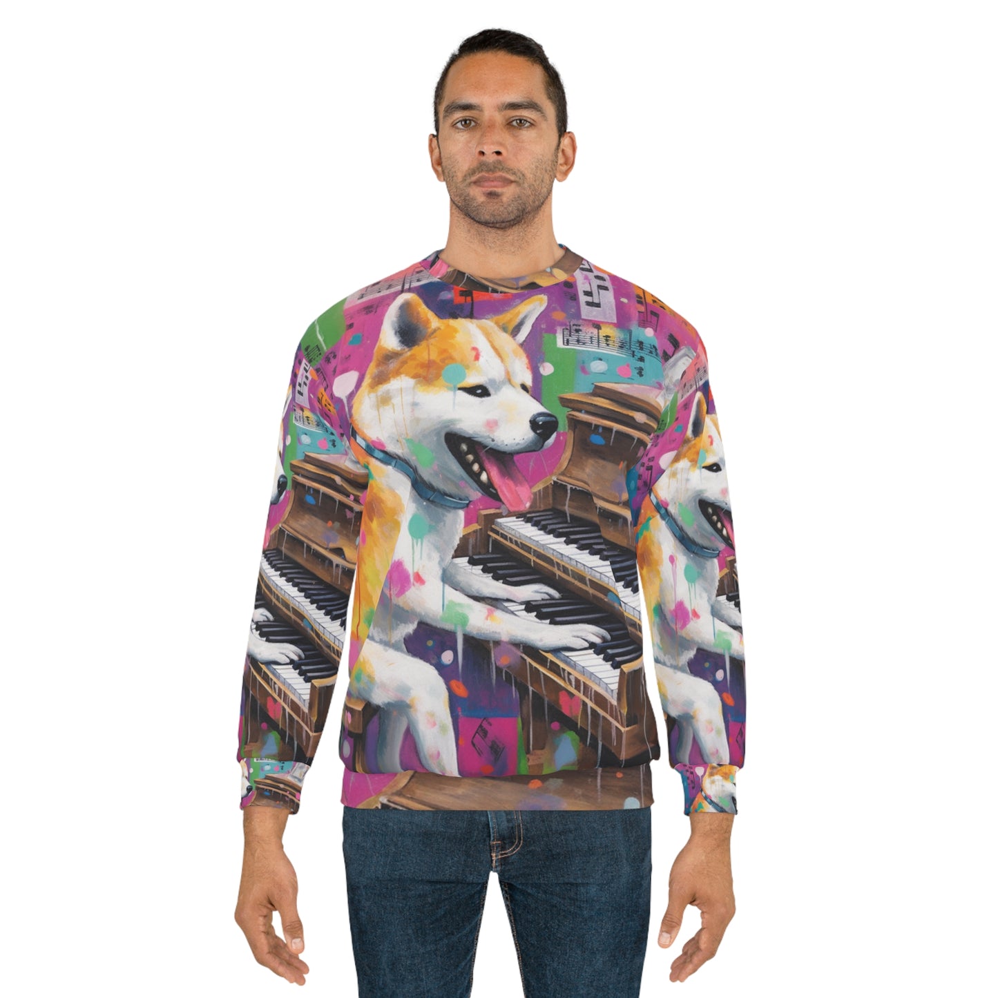 Arte estilo graffiti Shiba Inu tocando el piano: sudadera unisex colorida, feliz y post-apocalíptica (AOP) 