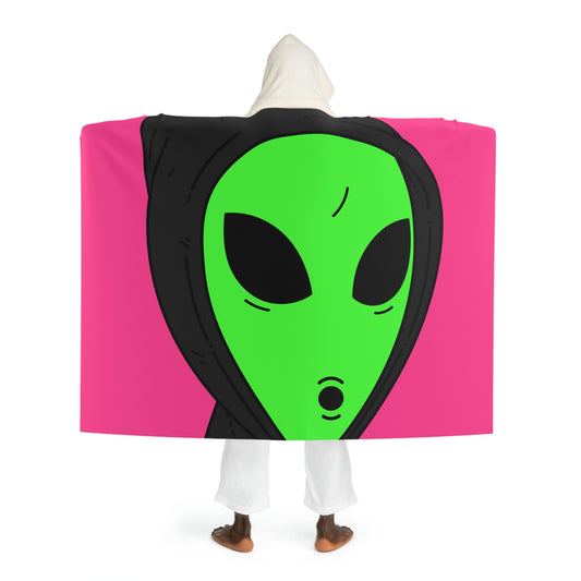 The Visitor Green Alien Black Hoodie Pink Background Hooded Sherpa Fleece Blanket