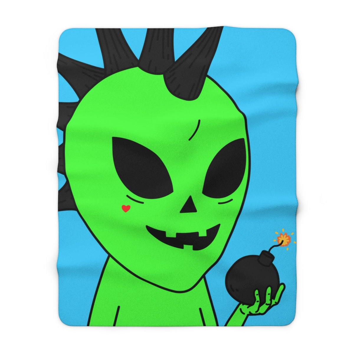 Green Alien Black Spiked Hair Pumkin Face Bomb Visitor Sherpa Fleece Blanket