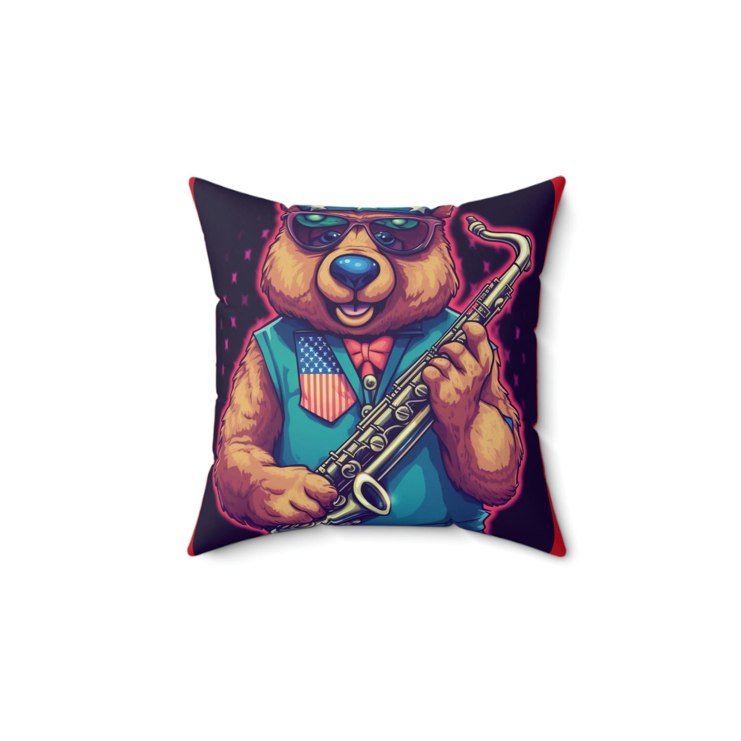 Jazz Stars and Stripes: Celebrate 4th of July with the Patriotic Bear's Saxophone Spun Polyester Square Pillow