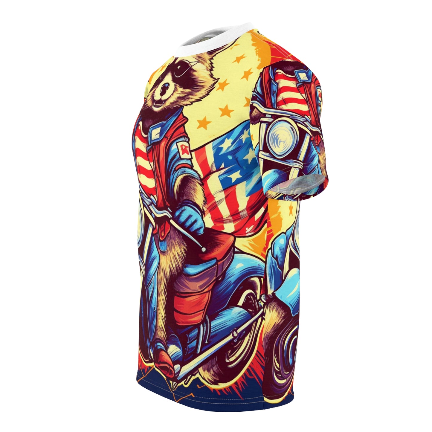 Red White and Blue American Raccoon Biker Motorcyclist Graphic Unisex Cut & Sew Tee (AOP)