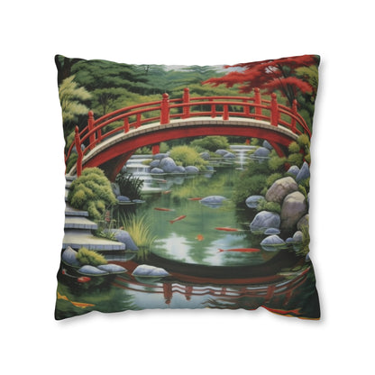 Japanese Garden Art - Tranquil Koi Pond Red Bridge Spun Polyester Square Pillow Case