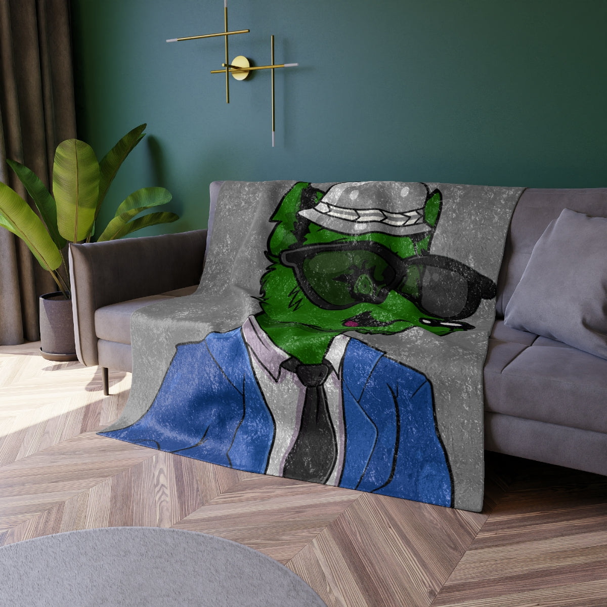 Cyborg Wolf Blue Suit Black Tie Green Fur Black Shades grey Fedora Crushed Velvet Blanket