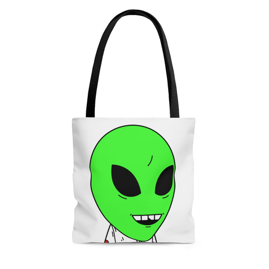 Visi Jersey Chipped Tooth Large Smile Face Green Alien Visitor AOP Tote Bag