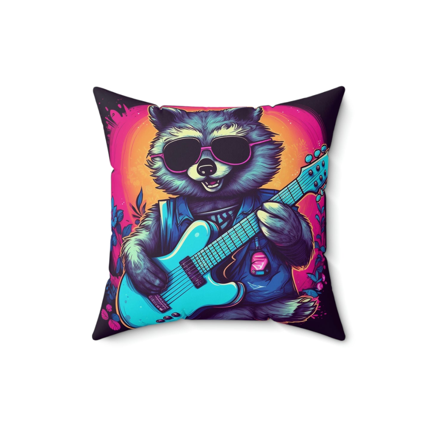 Raccoon Musician Art - Rock Star Guitarist Furry Animal Spun Polyester Square Pillow