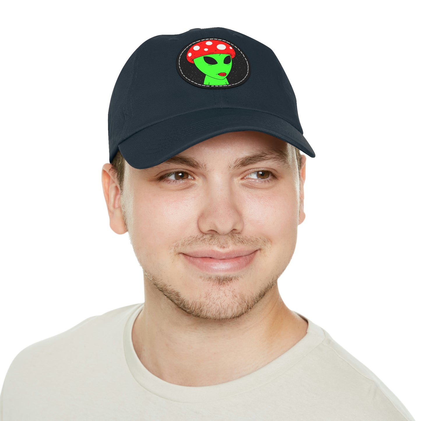 Mushroom Head Green Alien Visitor w/ Red Lips Dad Hat with Leather Patch (Round)