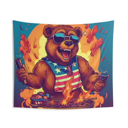 Grill Like a Patriot: Celebrate 4th of July with Patriotic Bear's Culinary Chef Indoor Wall Tapestries