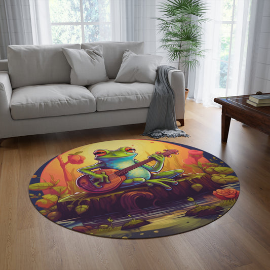 Log Frog Playing Instrument Tune Music Outdoor Swamp Graphic Round Rug