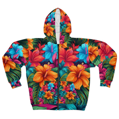 Sudadera con capucha y cremallera unisex con diseño de estampado floral tropical de inspiración hawaiana vibrante (AOP)