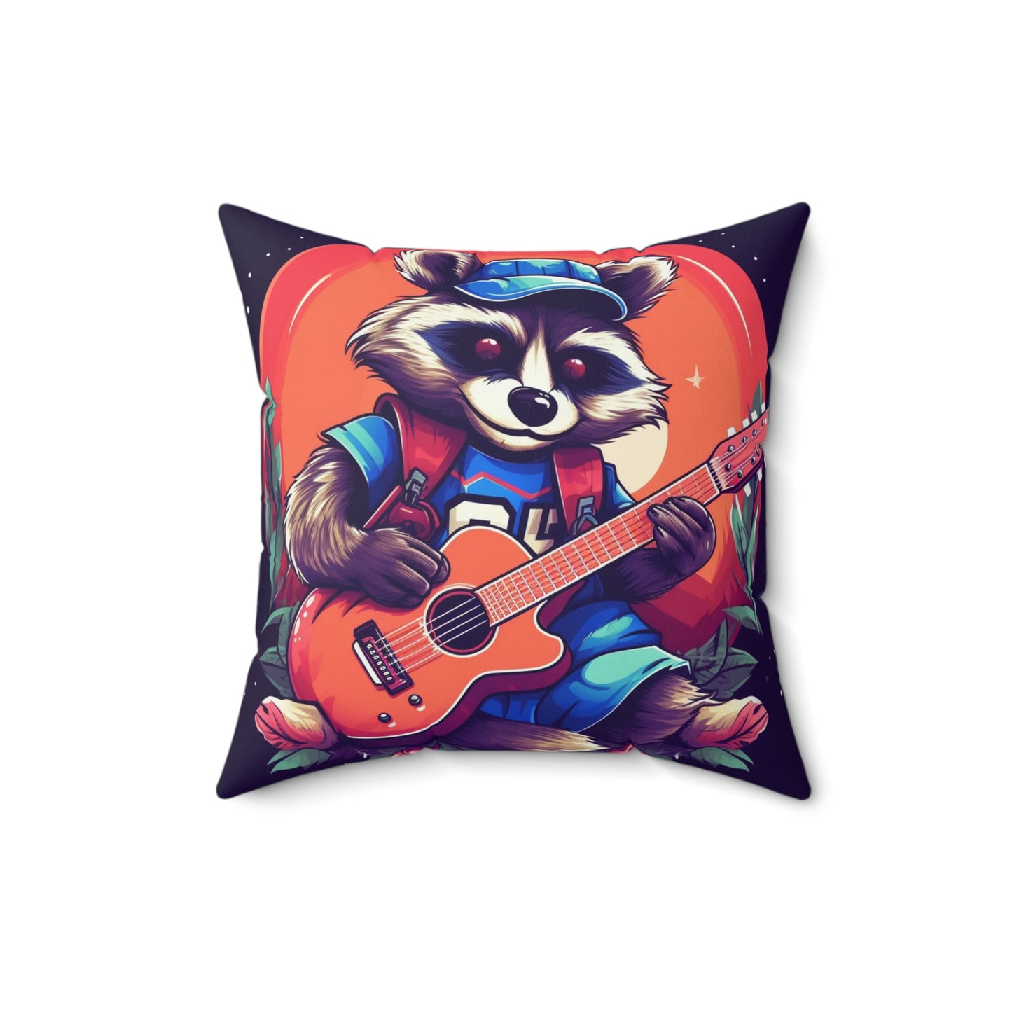 Mapache de guitarra acústica - Almohada cuadrada de poliéster hilado con decoración de músico animal peludo 