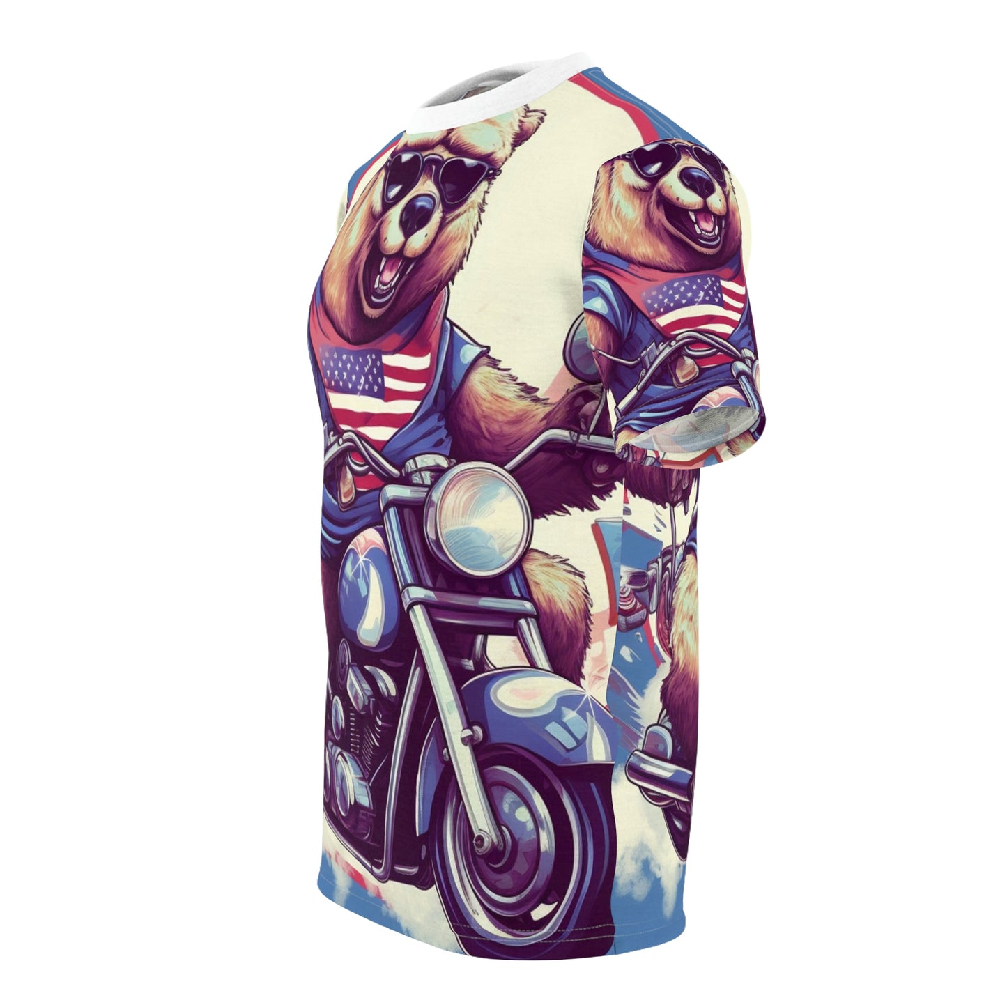 Roaring American Pride: Patriotic Bear 4th of July Motorcycle Adventure Unisex Cut & Sew Tee (AOP)