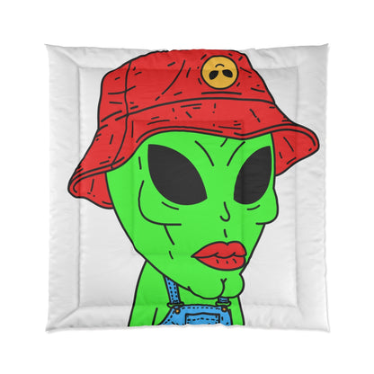 Viejo alienígena verde, barbilla fuerte, sombrero rojo Visi, pantalón de granjero, cama de visitante Colcha