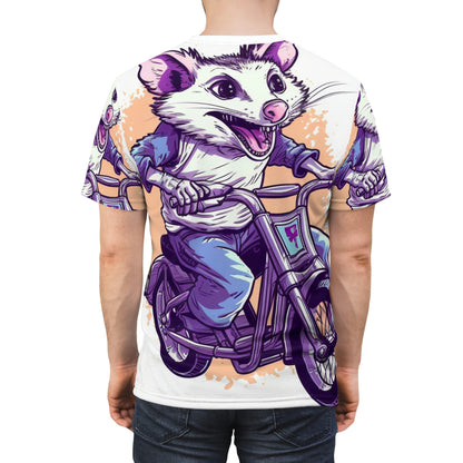 Bike Opossum Riding Pop Culture Graphic Unisex Cut & Sew Tee (AOP)