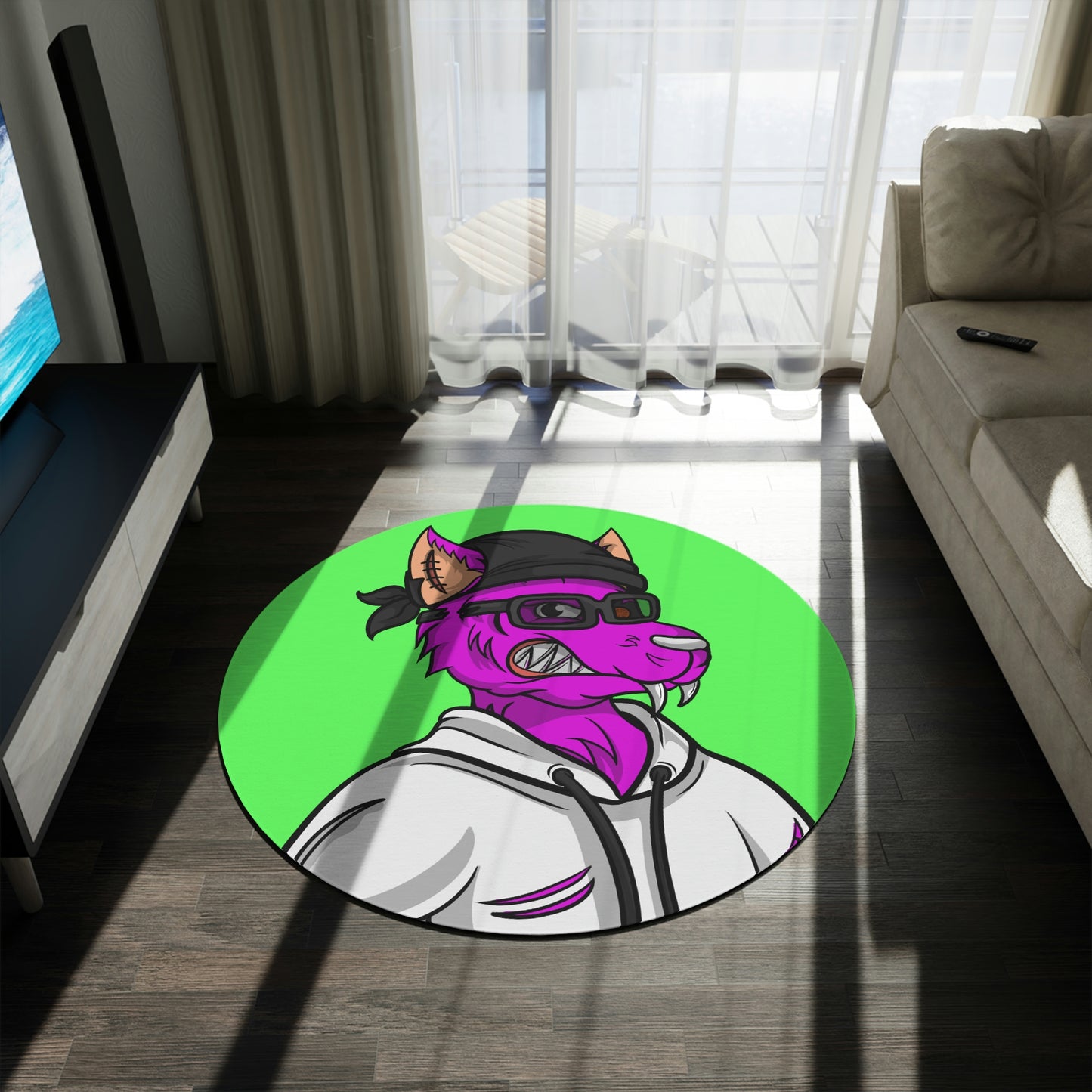 Alfombra Redonda Con gráfico de fitness de hombre lobo Cyborg morado