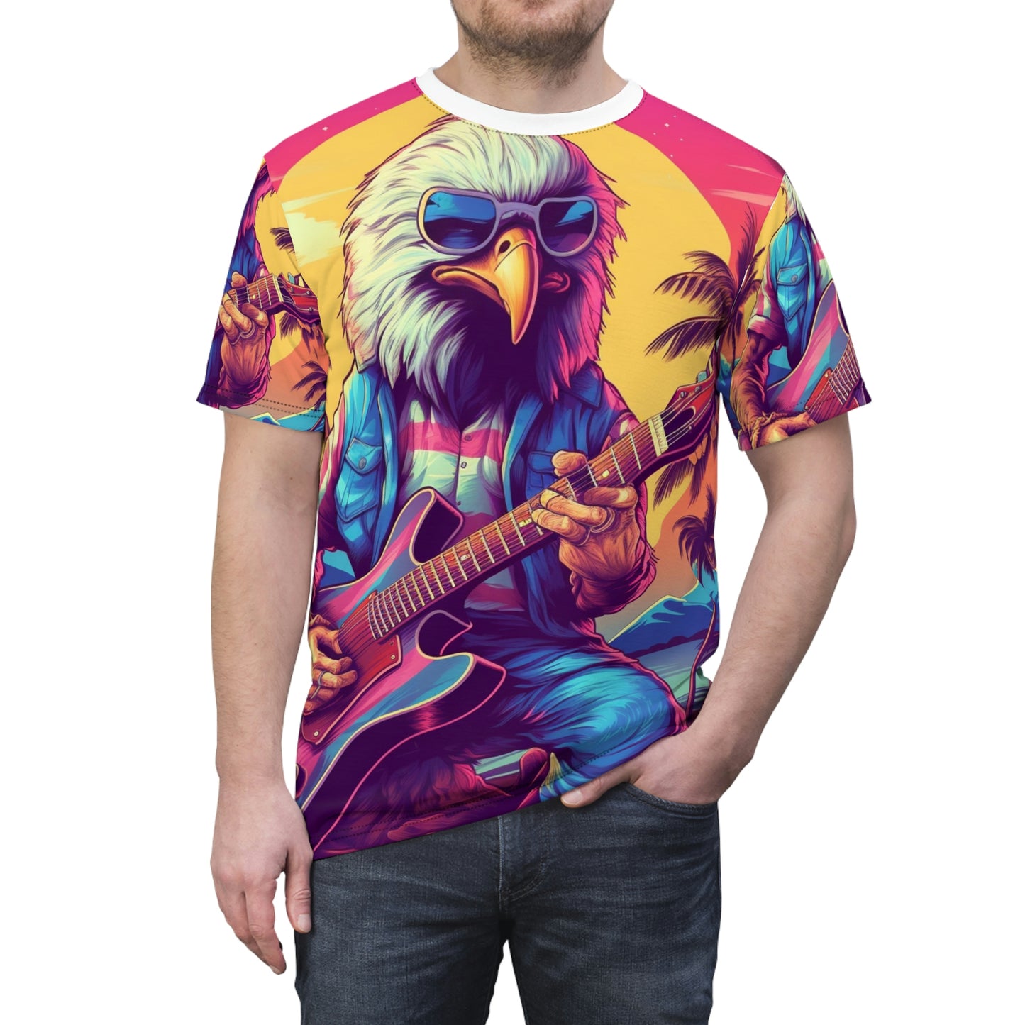 Patriotic Bald Eagle Guitarrista USA Band Design Camiseta unisex cortada y cosida (AOP) 