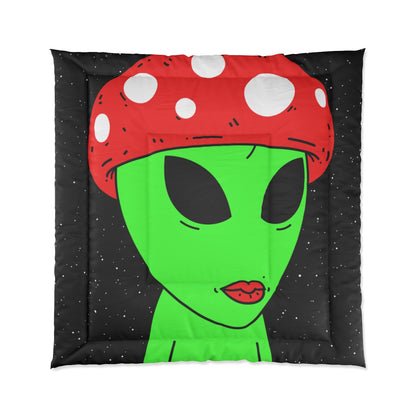 Mushroom Head Green Alien Visitor w/ Red Lips Bed Comforter