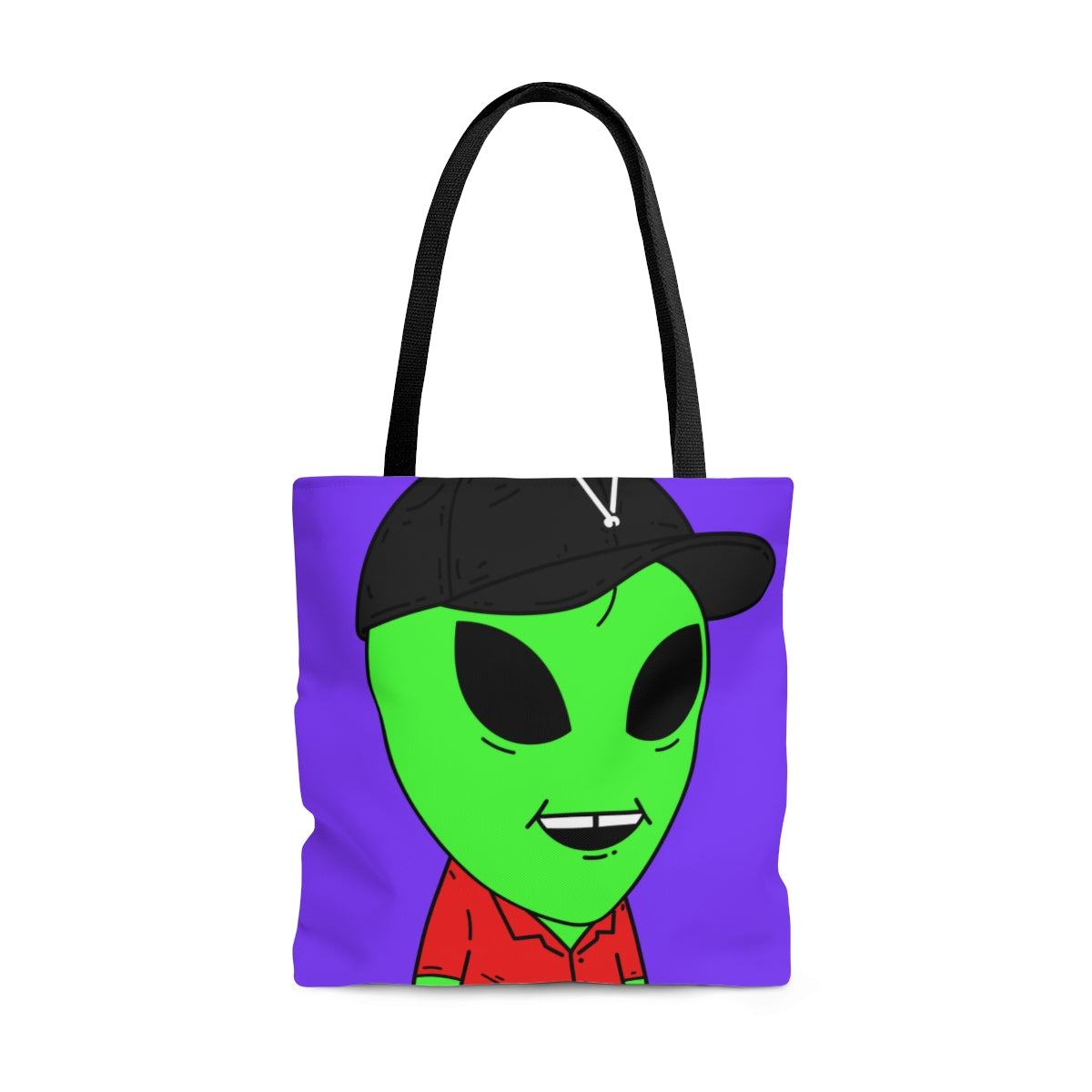 Missing Tooth Smile Red Collar Green Alien with Visitor V Black Hat AOP Tote Bag