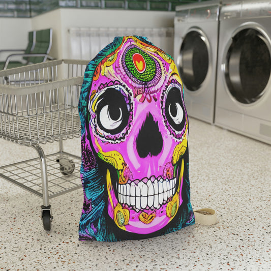 Trippy psychedelic Skull Skeleton Head Face Laundry Bag