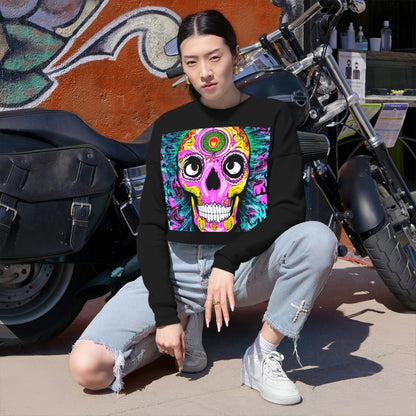 Trippy psychedelic Skull Skeleton Head Face Women's Cropped Sweatshirt