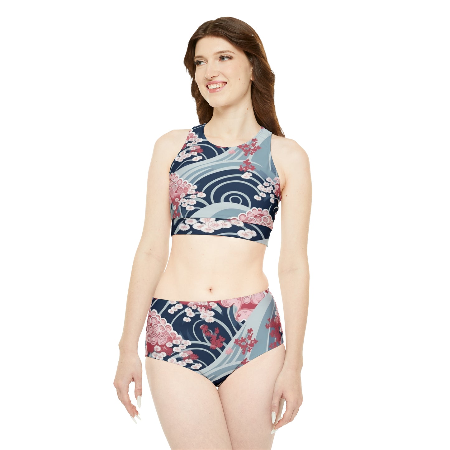 Japanese Minimalist Waves & Cherry Blossoms Pattern Sporty Bikini Set (AOP)