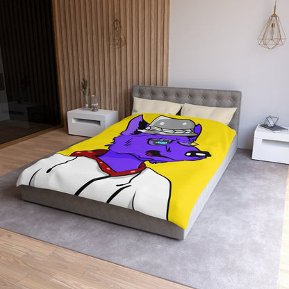 Cyborg Wolf Round Frame Glasses Fedora Hat White Sweatshirt Hoodie Purple Fur Microfiber Duvet Cover